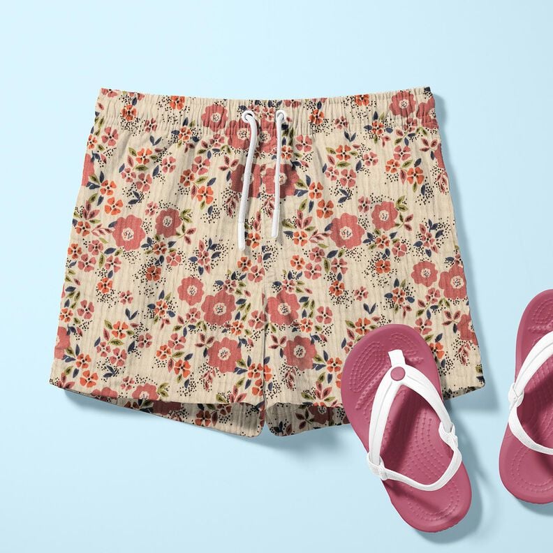 Musliini-/kaksikerroksinen kangas Kukkameri – vaalea ruskeanharmaa,  image number 6