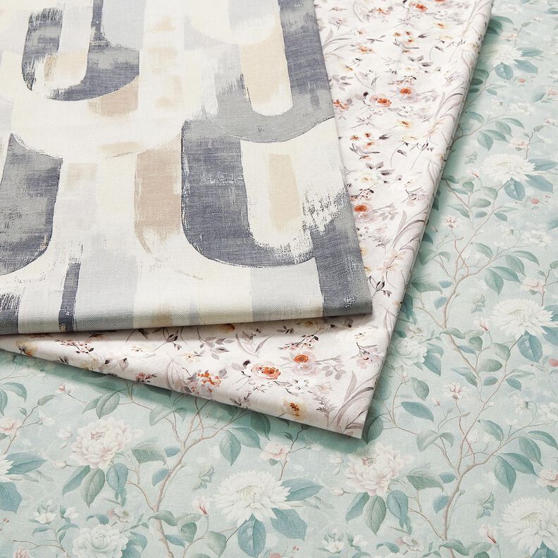 Puuvillakangas Popliini Hienot kukkaoksat &ndash; hopeansininen,  image number 5