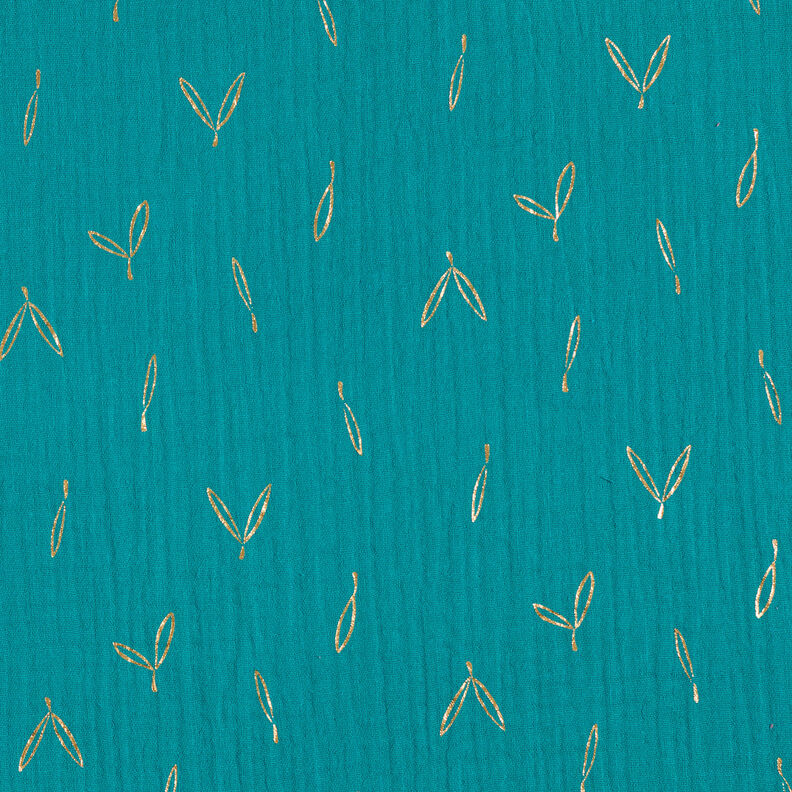 Musliini-/kaksikerroksinen kangas Foliopainatus Lehdet – petrooli/kulta,  image number 1