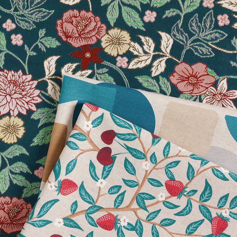 Sisustuskangas Jacquard Vintage-kukat – petrooli/tummanpunainen,  image number 5